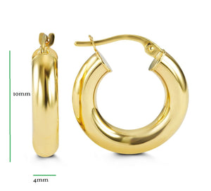 10K YELLOW/WHITE/ROSE GOLD CLASSIC SHINY POLISHED ROUND HOOP EARRINGS, 4mm TUBE Size 10mm