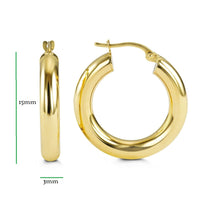 Load image into Gallery viewer, 10K YELLOW/WHITE/ROSE GOLD CLASSIC SHINY POLISHED ROUND HOOP EARRINGS, 3mm TUBE Size 15mm
