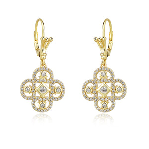 Silver 925 Yellow-Leaf Earrings Made with AAA-Zircon Round stones