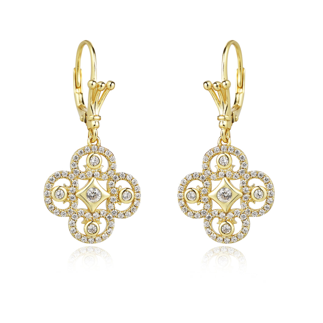 Silver 925 Yellow-Leaf Earrings Made with AAA-Zircon Round stones