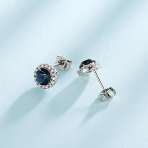 925 Sterling Silver HALO studs Round Earrings Made with Crystal From Swarovski(R)-Sapphire