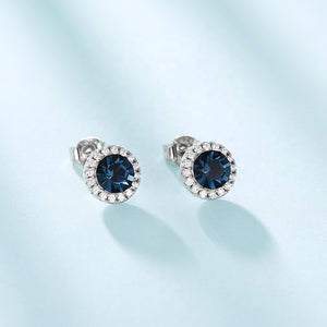 925 Sterling Silver HALO studs Round Earrings Made with Crystal From Swarovski(R)-Sapphire