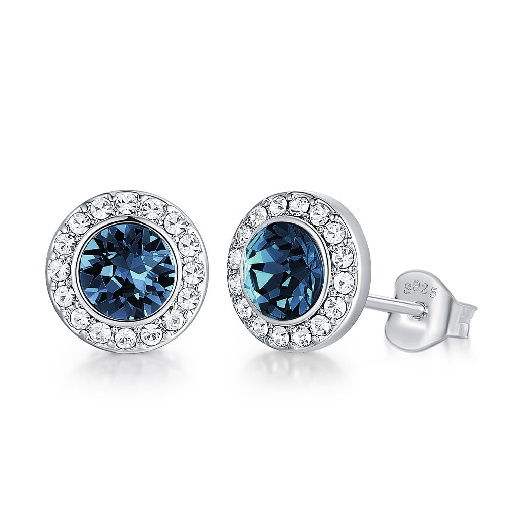 925 Sterling Silver HALO studs Round Earrings Made with Crystal From Swarovski(R)-Sapphire